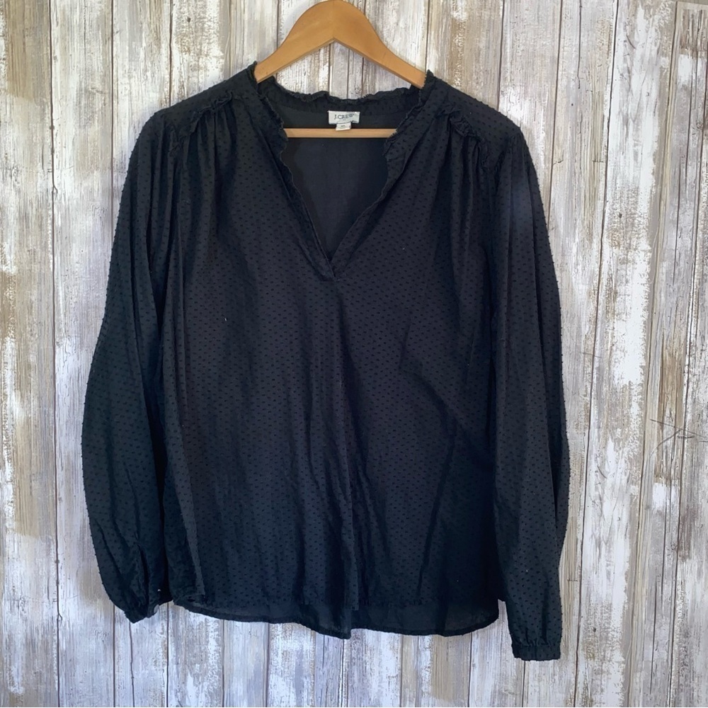 J.Crew Black Textured Swiss Dot Blouse Long Sleeve XL Cotton Top